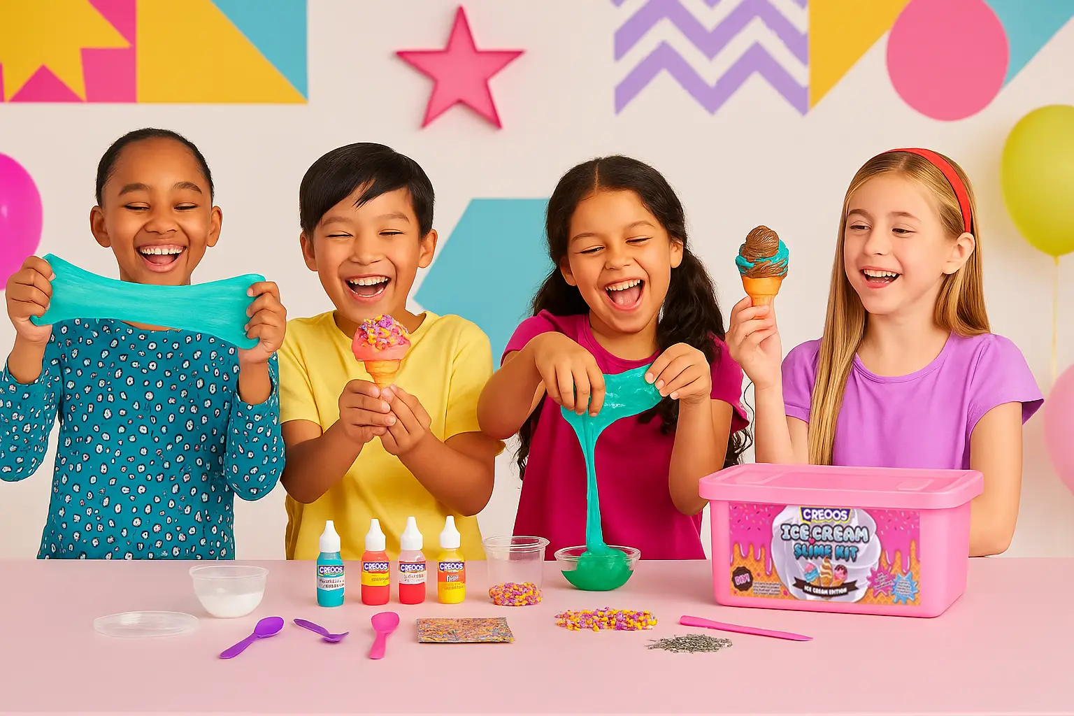 Child playing with colorful ice cream slime craft kit by CREOOS