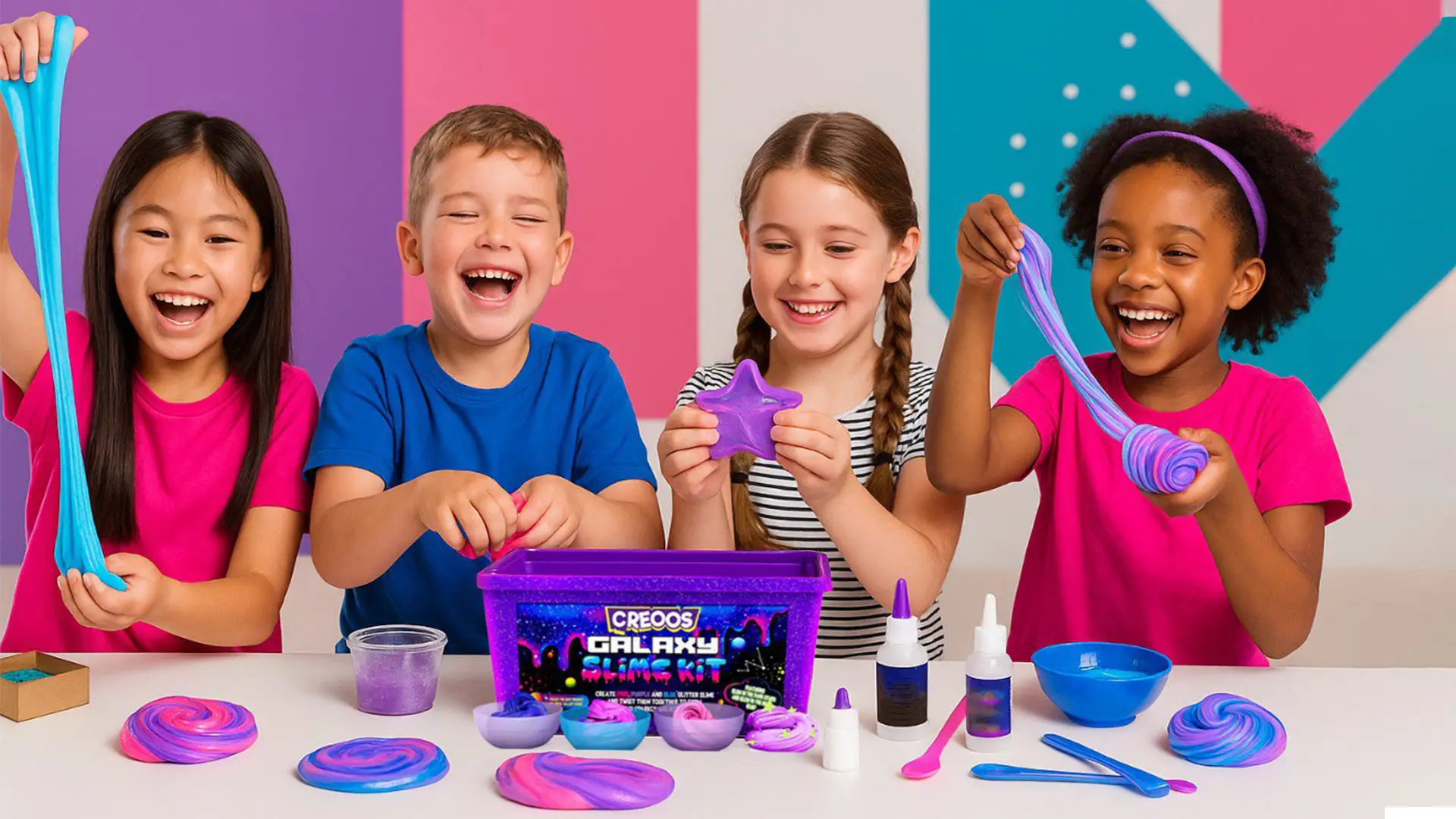 Kids creating galaxy slime with sparkling colors from CREOOS slime kit